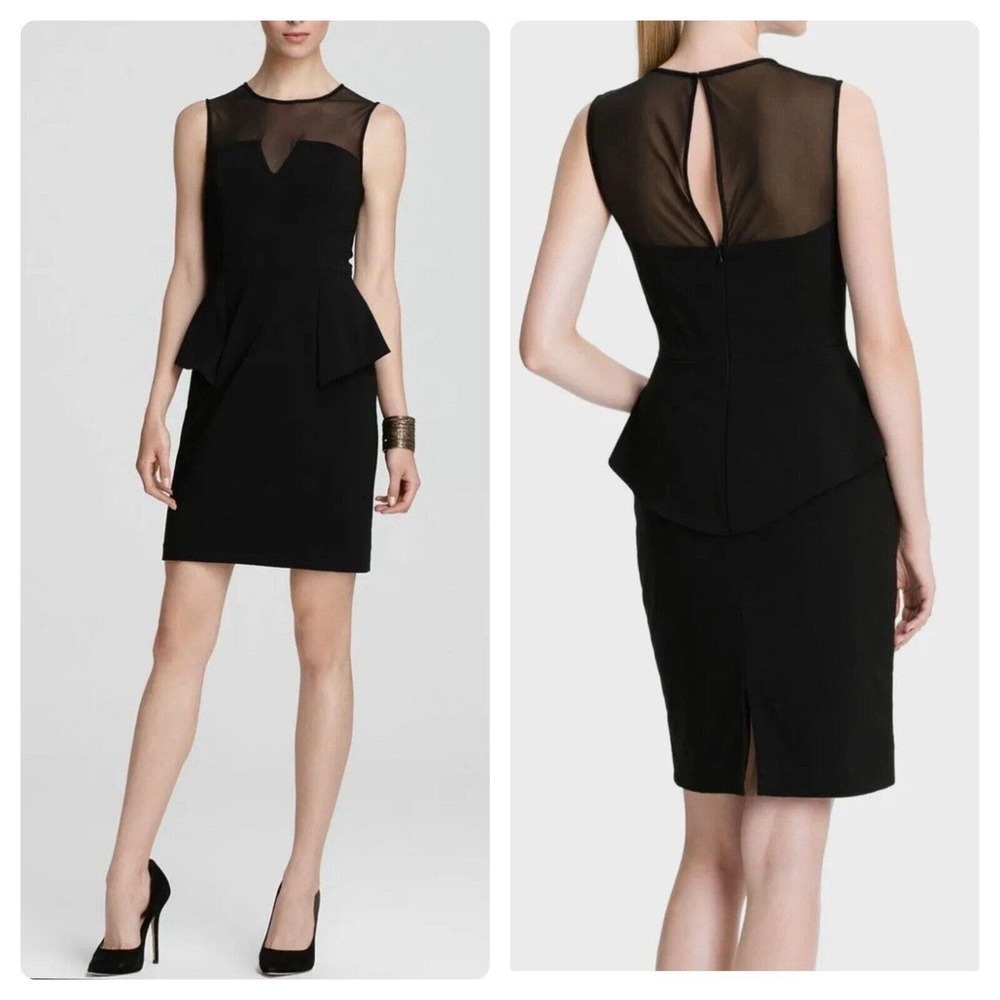 Vintage Cache Peplum Black Sheer Shoulders Designer Formal Little Black Dress